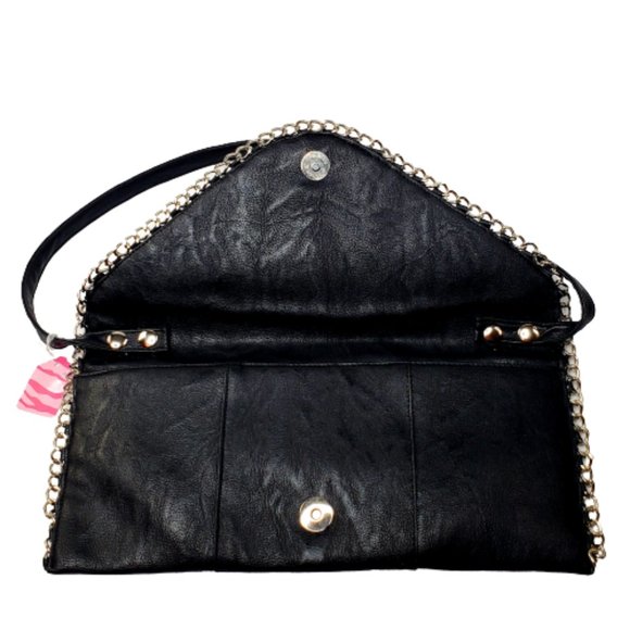 Black Leather  Envelope Clutch with Chain Edging Bag. - Picture 3 of 5